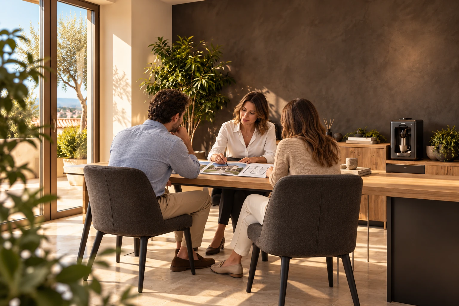 Une agente en chemise blanche échange avec deux clients autour d’un dossier immobilier — illustration générée pour la démonstration